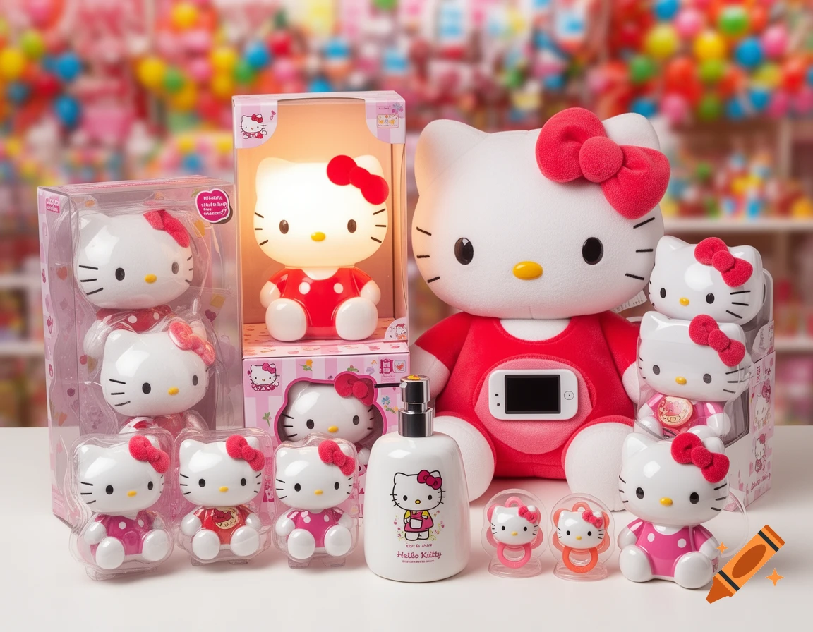 A variety of Hello Kitty merchandise, including plush toys, a lamp, a soap dispenser, pacifiers, and figures, arranged on a table with a colorful, blurry background.