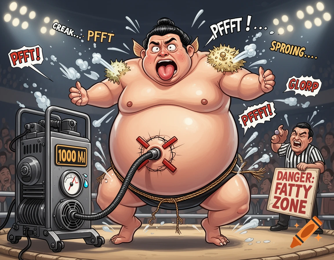 A cartoon sumo wrestler with a massively inflated belly, connected to an industrial air pump. Air leaks from his body while a referee holds a "DANGER: FATTY ZONE" sign.