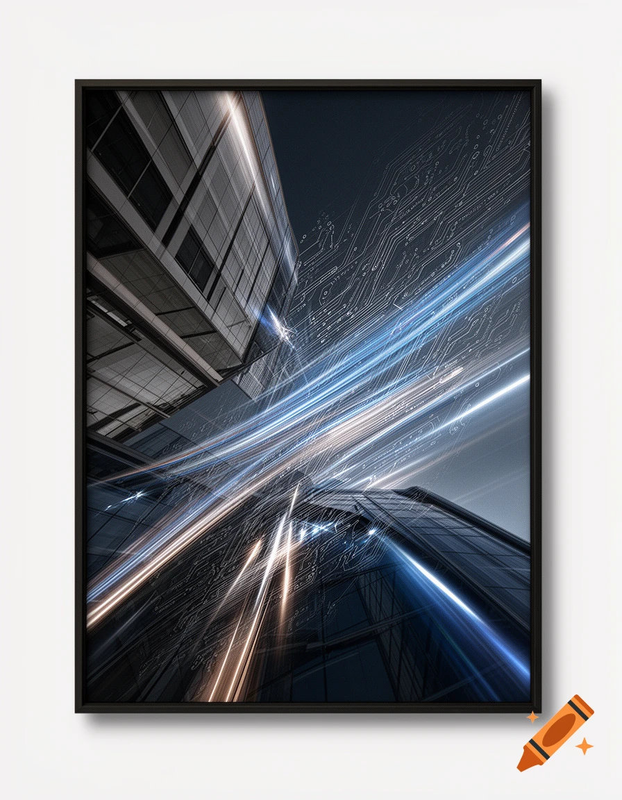 Sleek, futuristic architectural abstract with illuminated digital circuitry and light trails crossing modern buildings at night.