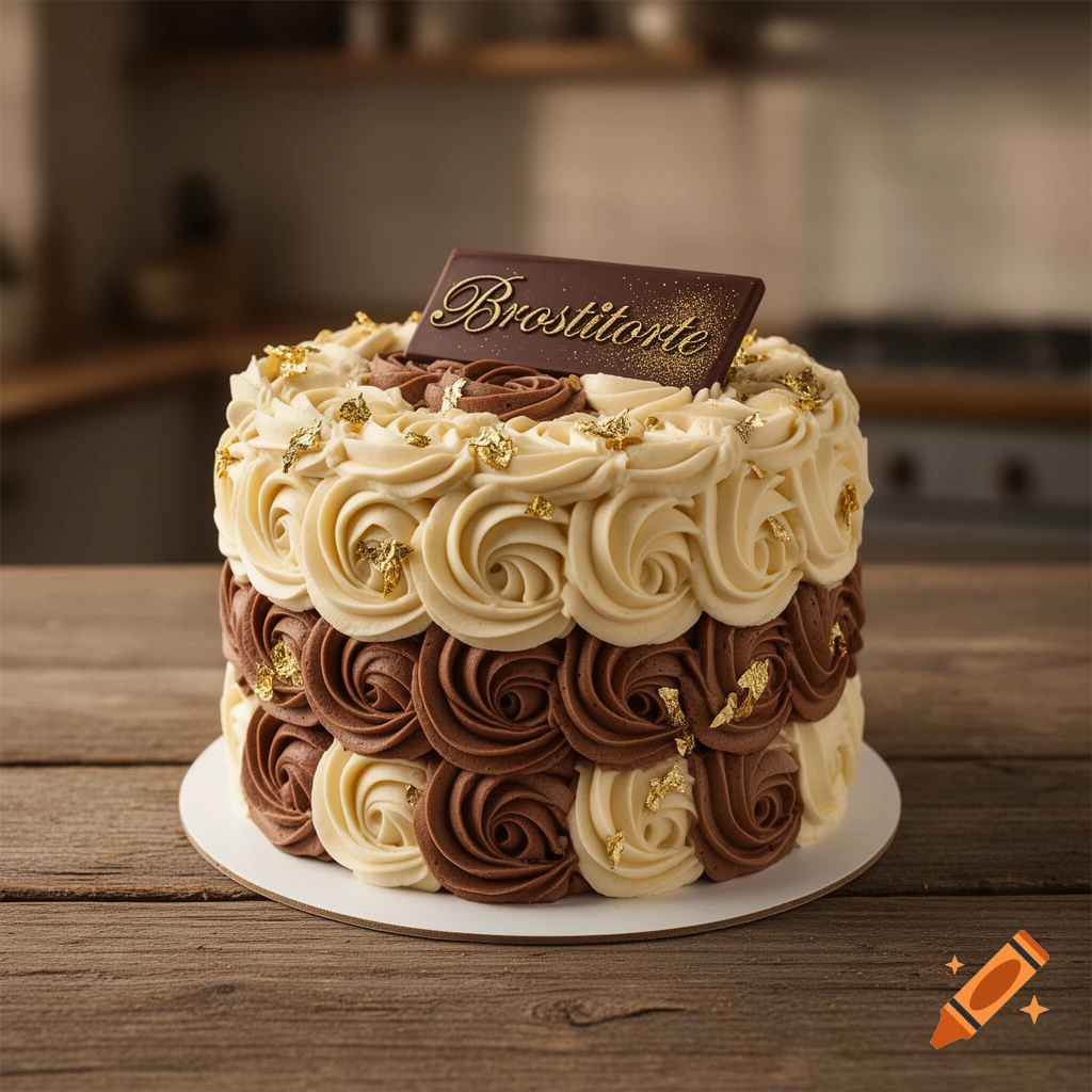 A two-tier cake with alternating white and chocolate frosting rosettes, topped with gold flakes and a chocolate bar inscribed "Brostitorte".