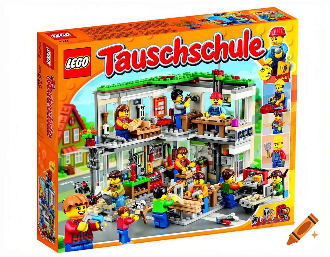 Lego set box for 'Tauschschule' (exchange school) showing minifigures building and working in a multi-story workshop.