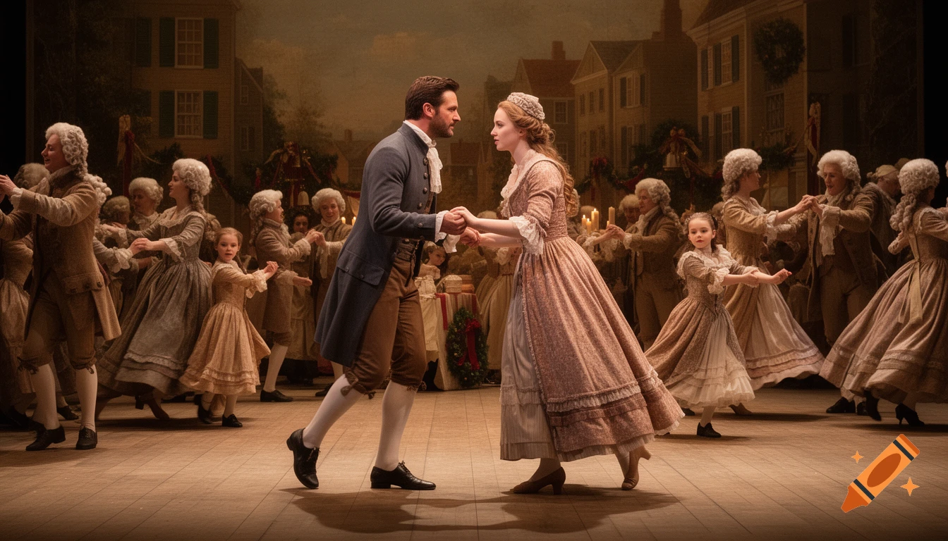 A man and woman in 18th-century attire dance center stage, holding hands, surrounded by other dancers and a painted backdrop of colonial buildings.