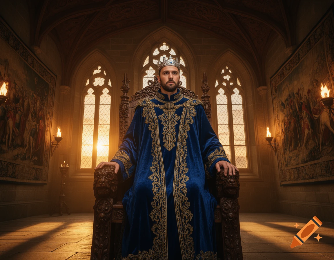 A stern king in a blue and gold robe sits on an ornate throne in a sunlit castle hall.