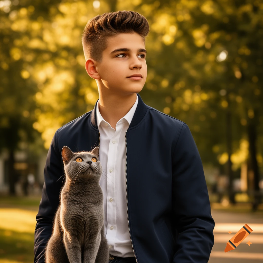 Photorealistic portrait of a young boy in a blue jacket with a grey cat with orange eyes looking up, in a sunny park.