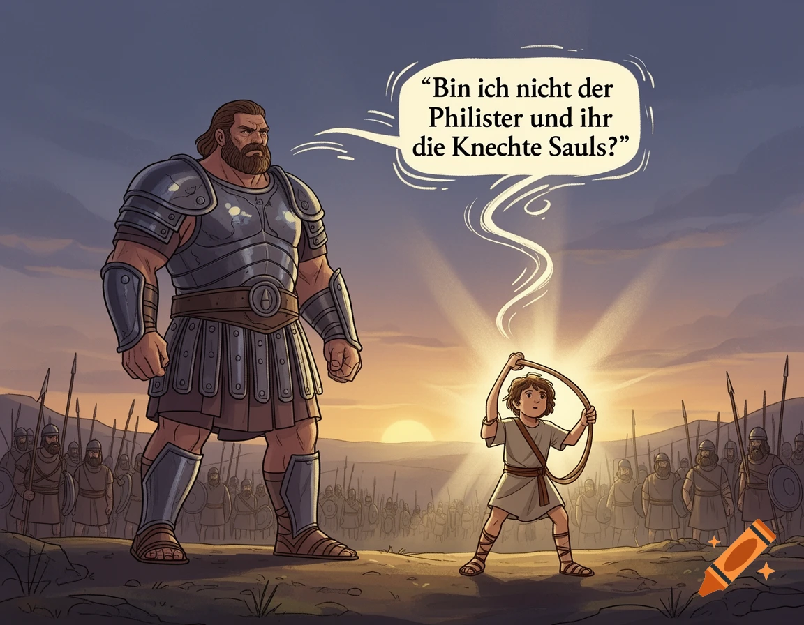 Cartoon illustration of a giant Goliath in armor speaking to a small boy David with a sling on a battlefield at sunset.