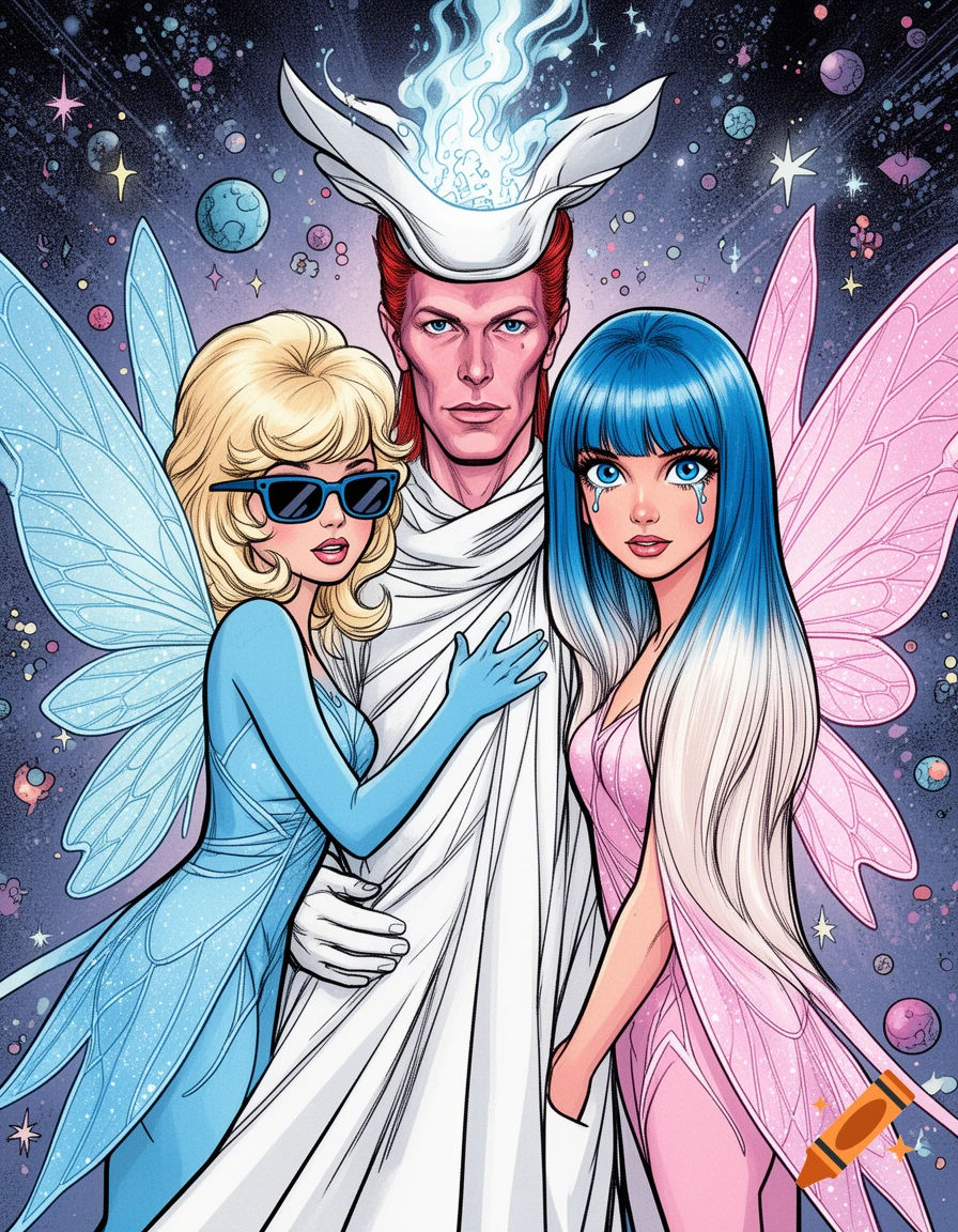 Comic art of David Bowie in a white cloak and spirit hat, flanked by a blonde fairy with sunglasses and a blue-haired fairy with tears, set against a starry cosmic background.