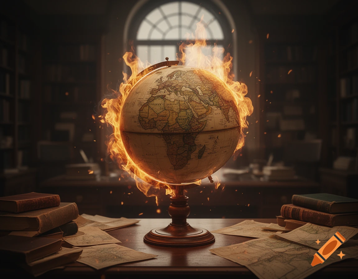 A burning globe on a wooden desk with books and old maps in a dimly lit library, rendered in a realistic style.