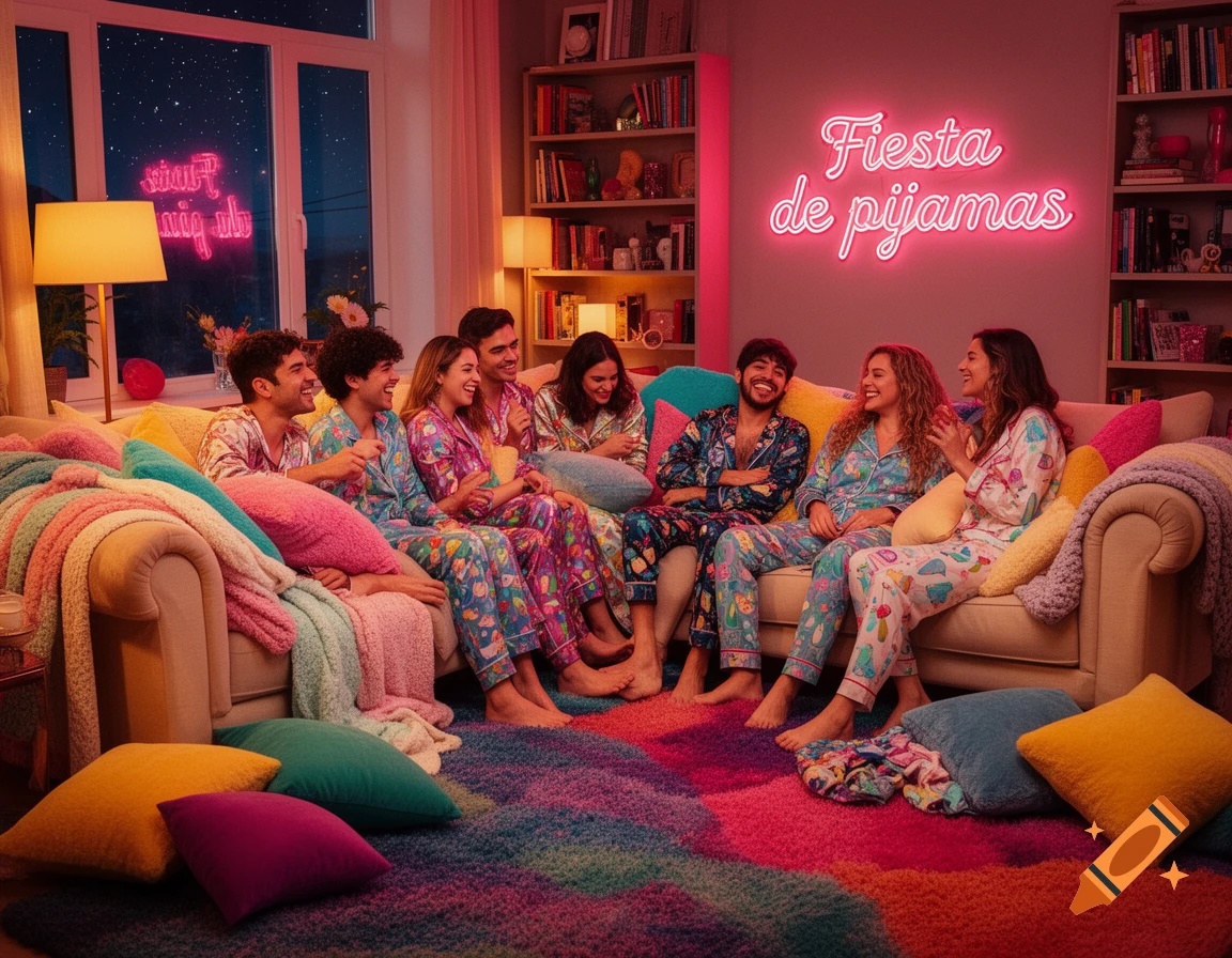 A group of young adults in colorful pajamas laugh together on a couch during a pajama party, with a neon sign that reads "Fiesta de pijamas" on the wall.