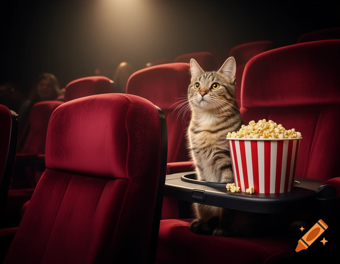 A tabby cat sits in a movie theater seat, looking up, with a large striped bucket of popcorn next to it.