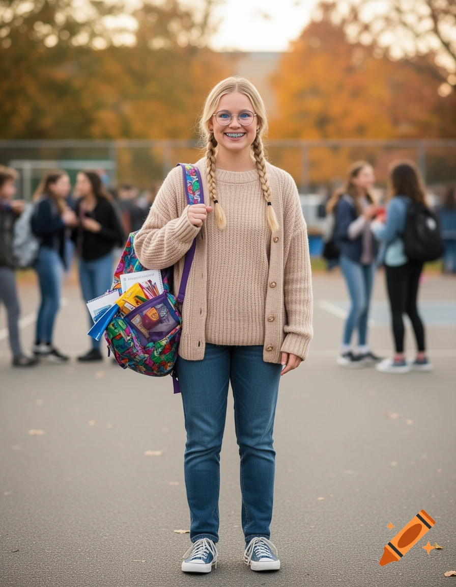 Smiling blonde girl with braids, glasses, and braces holds a backpack in a schoolyard, photorealistic.