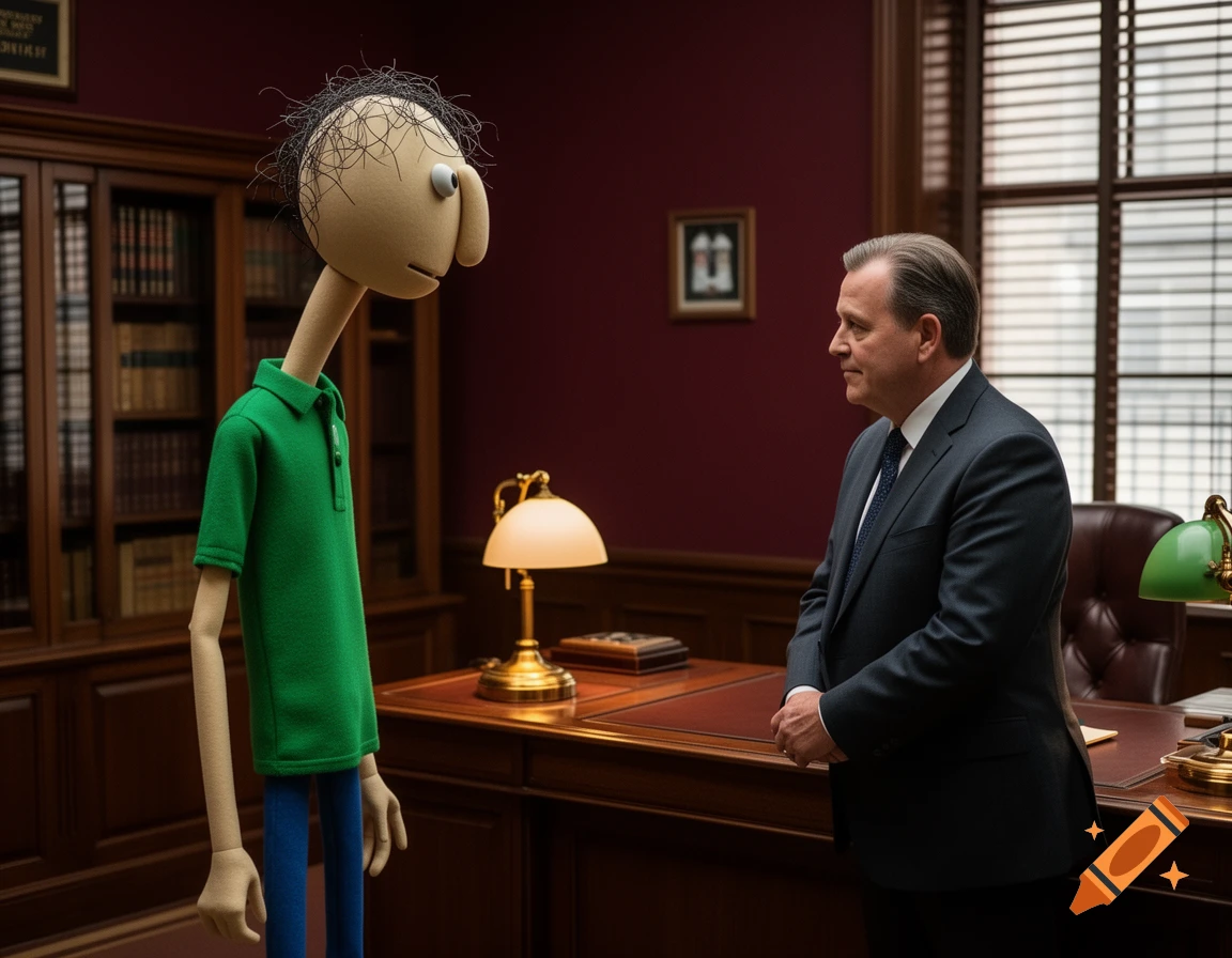 A tall, slender cartoon character with a long neck and a man in a suit face each other in a formal office.