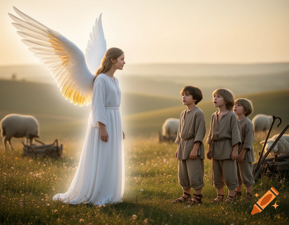 An angel with white wings stands in a grassy field, looking at three curious children who gaze up. Sheep graze nearby at sunset.