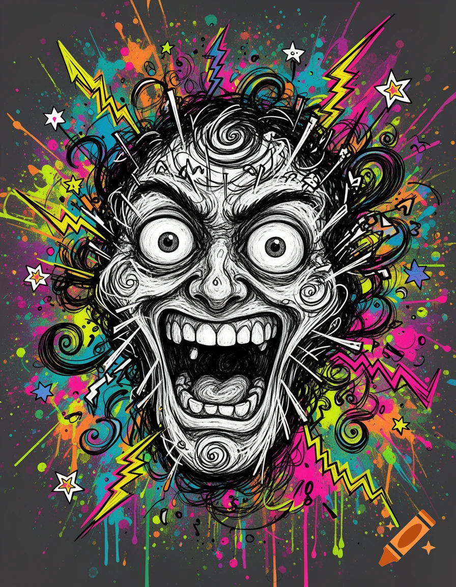 A highly stylized, screaming face with wide eyes and an open mouth, surrounded by vibrant neon paint splatters, lightning bolts, and chaotic scribbles on a dark background.
