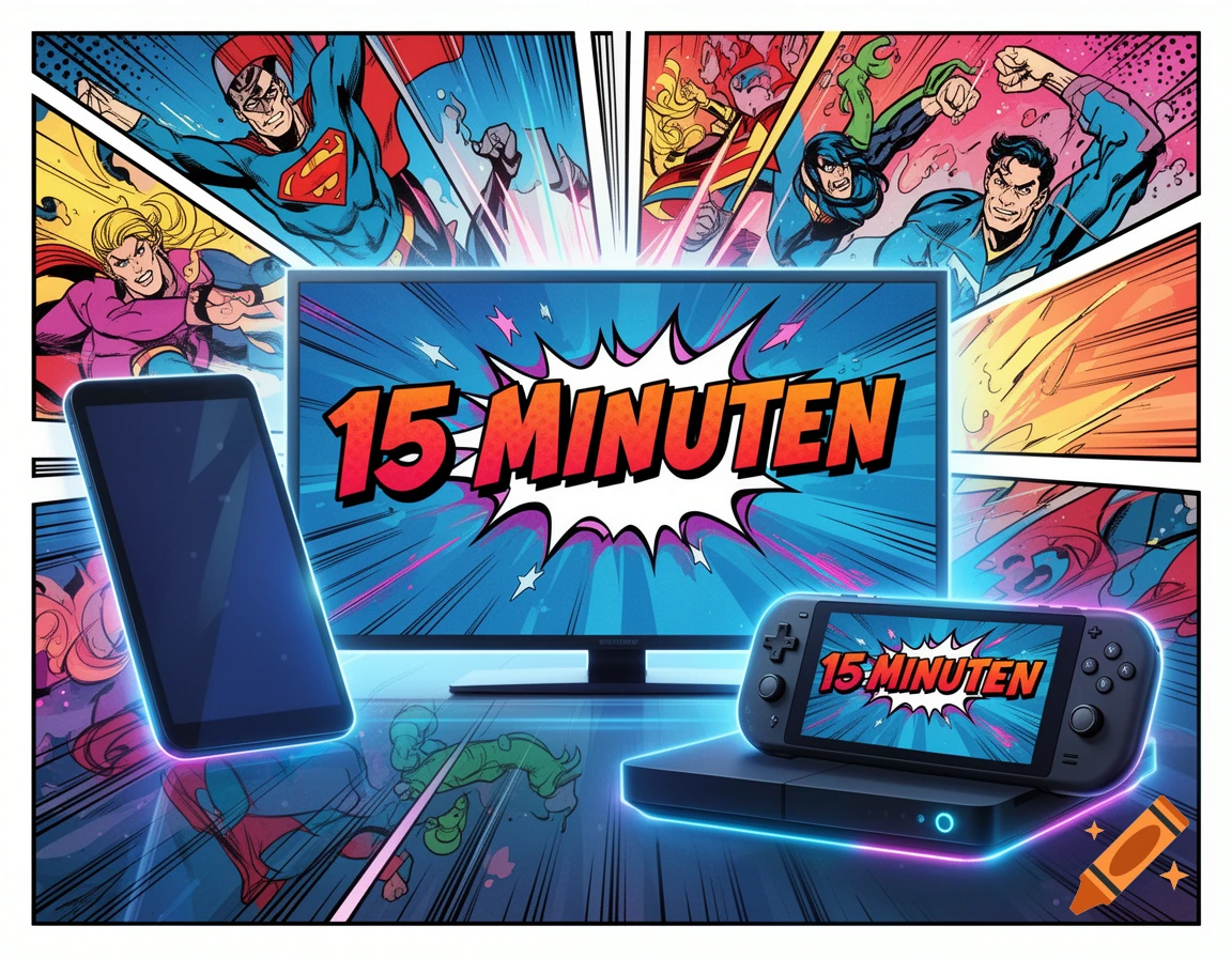 Comic book style image with superheroes in the background, featuring a TV, tablet, and Nintendo Switch displaying '15 MINUTEN'.