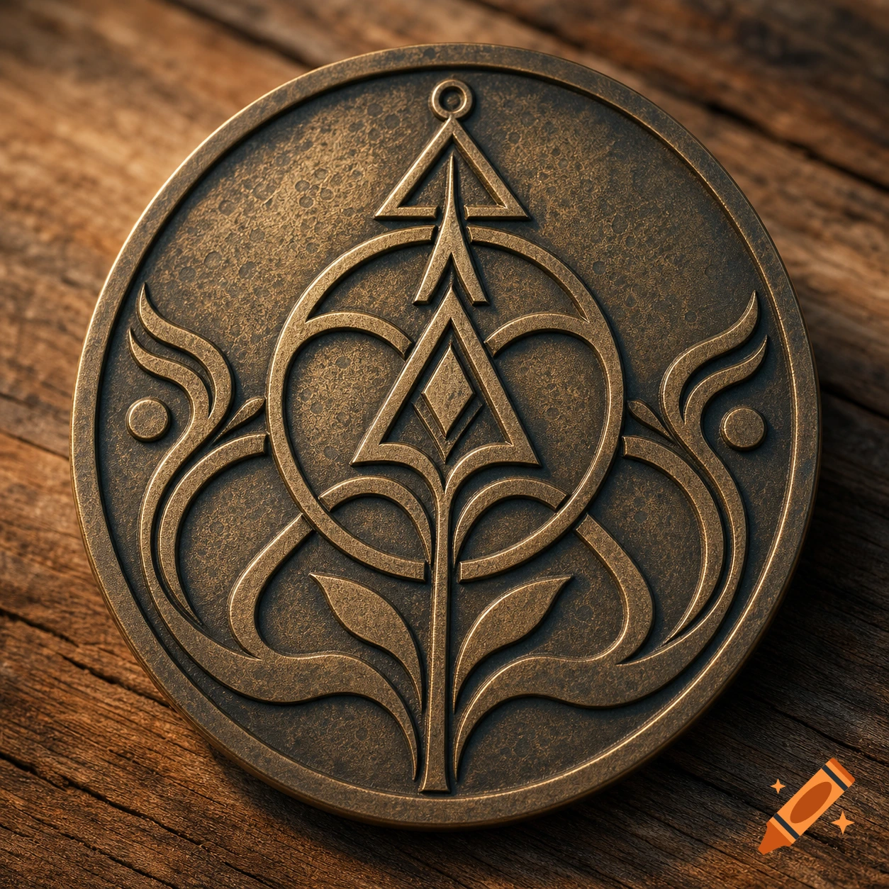 A round bronze medallion featuring an intricate, symmetrical abstract symbol, lying on a rustic wooden surface.
