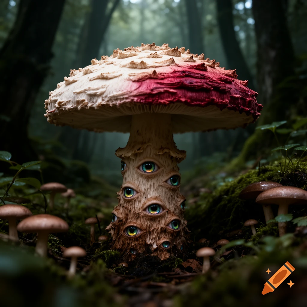 A fantasy mushroom with multiple human-like eyes on its stalk, set in a dark, misty forest environment.