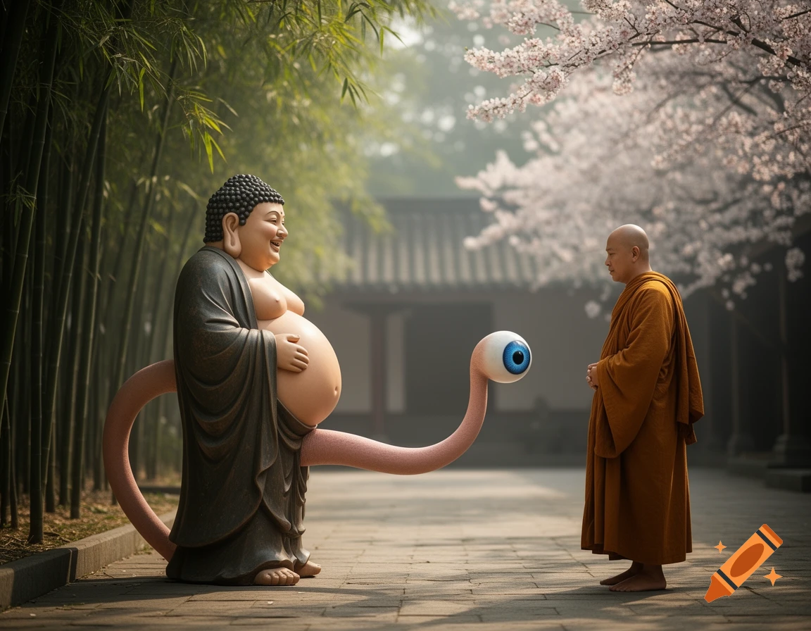 Photorealistic image of a smiling Buddha statue with a long, eyeball-tipped tail facing a bald Buddhist monk in a temple courtyard with bamboo and cherry blossoms.