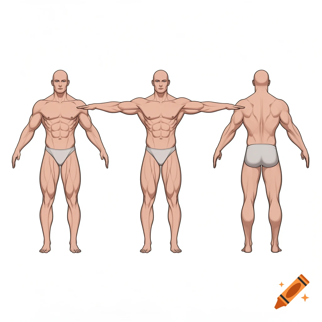 Stylized muscular male anatomy reference sheet showing front, side, and back views in T-pose, wearing white briefs.