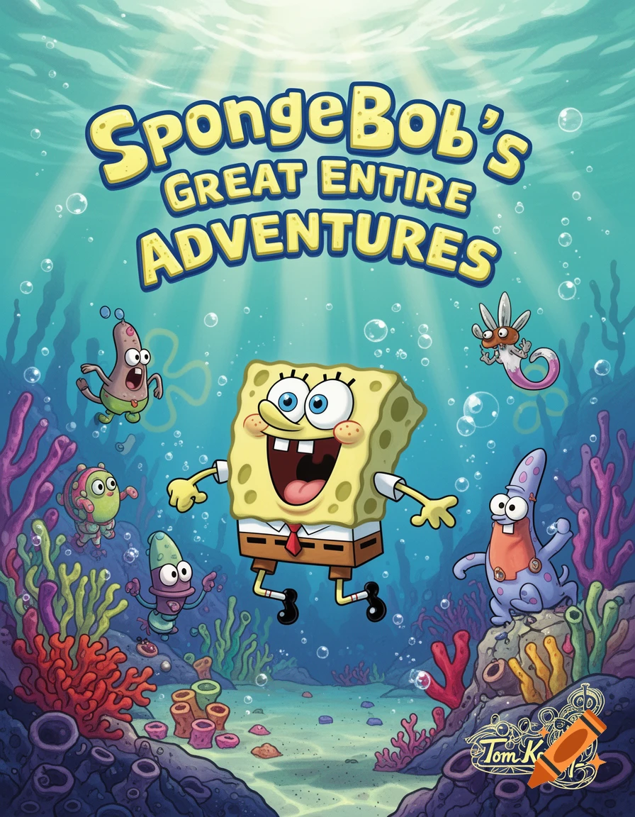 SpongeBob SquarePants and friends float in a vibrant underwater cartoon scene, with the title "SpongeBob's GREAT ENTIRE ADVENTURES" above.