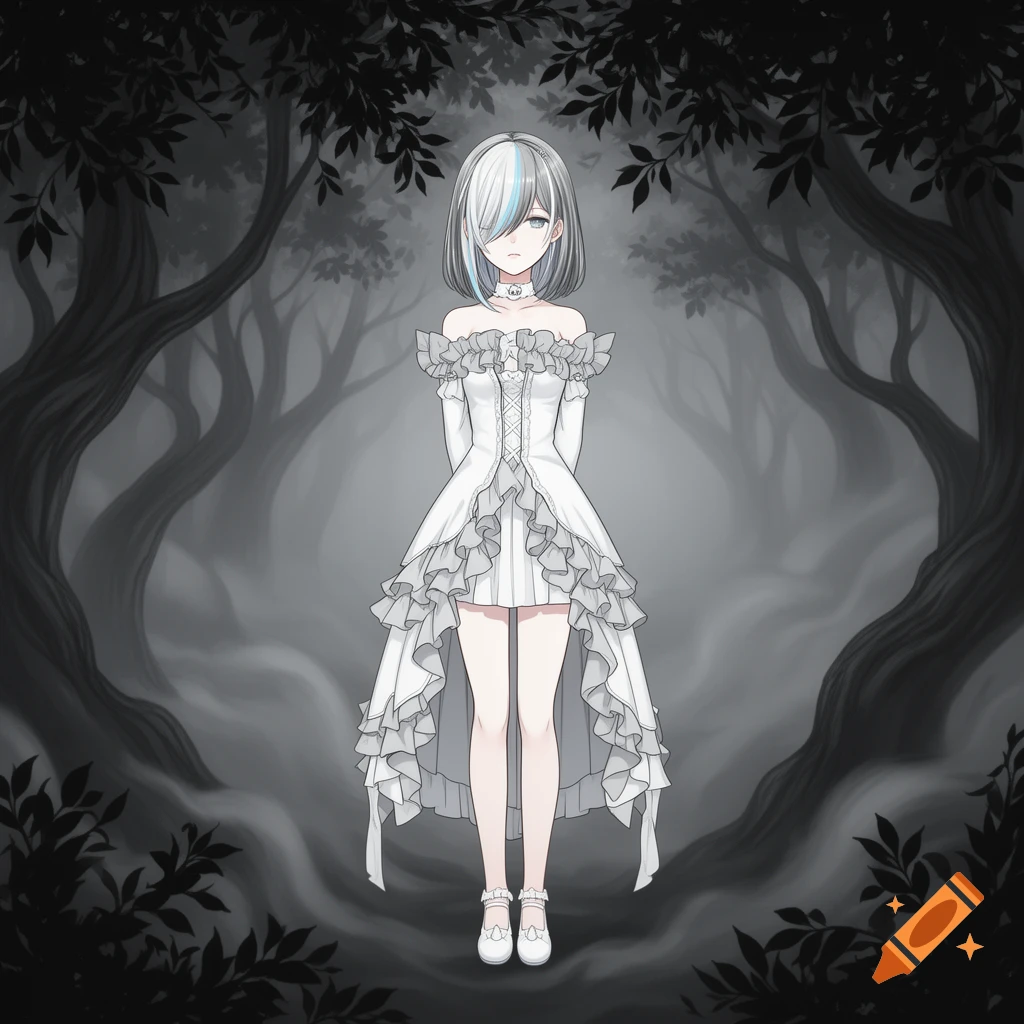 Full body anime girl with two-toned hair and a pale-azure streak, wearing a white gothic ruffled dress, standing in a misty dark forest.