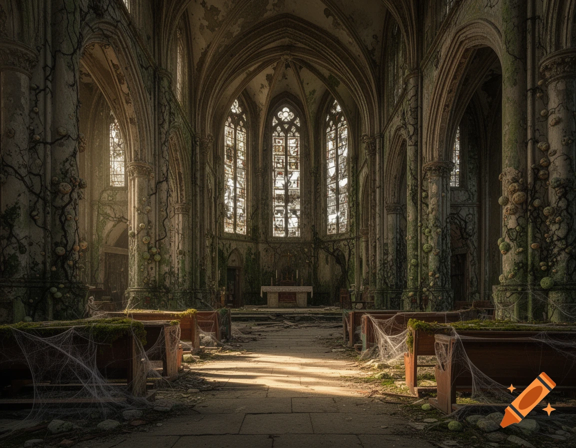 Photorealistic view inside an abandoned gothic cathedral, overgrown with moss and spiderwebs, with sunlight streaming through stained glass windows.