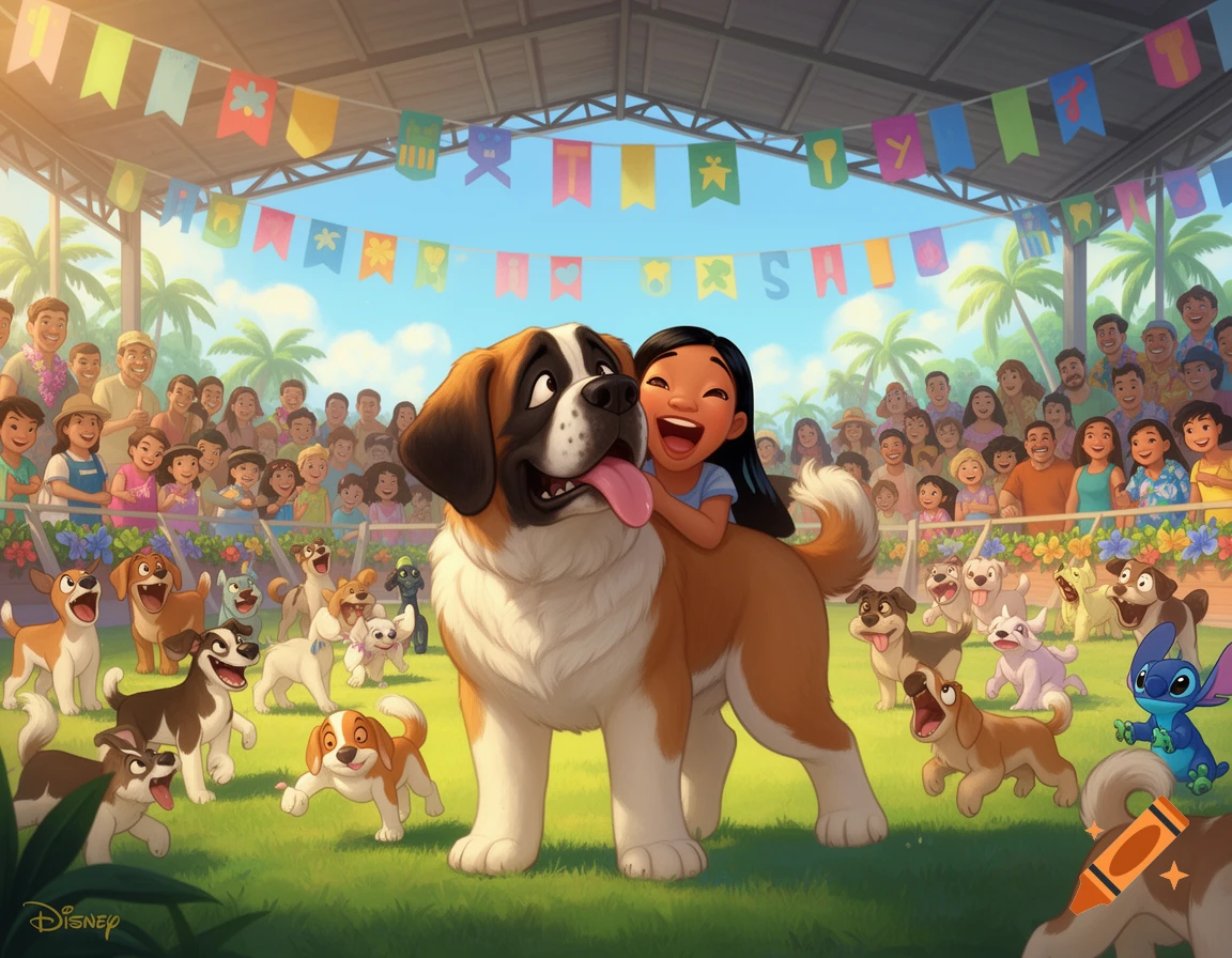 A cartoon girl with dark hair rides a large St. Bernard dog, both laughing, surrounded by many smaller dogs and a cheering crowd at a sunny dog show.