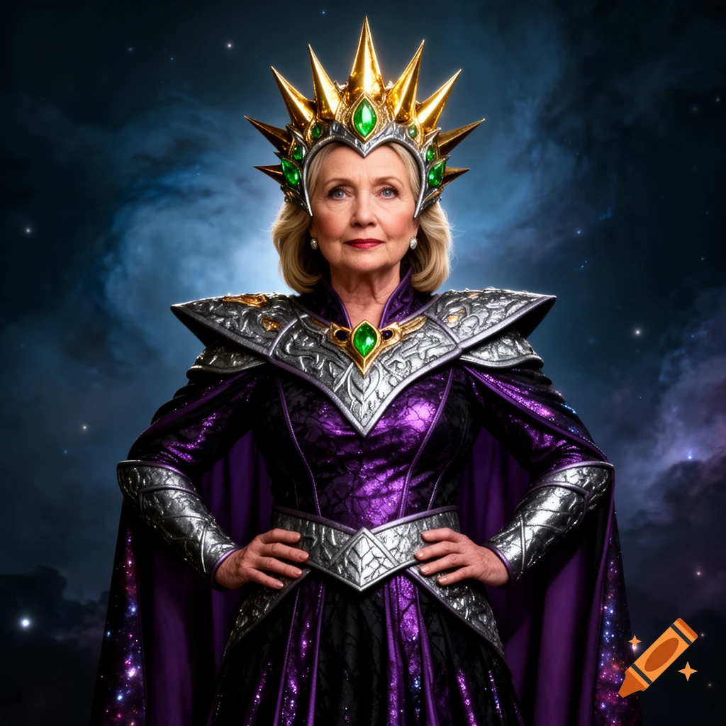 Photorealistic portrait of Hillary Clinton as Rita Repulsa, wearing a gold spiked crown and purple armored costume, against a cosmic background.