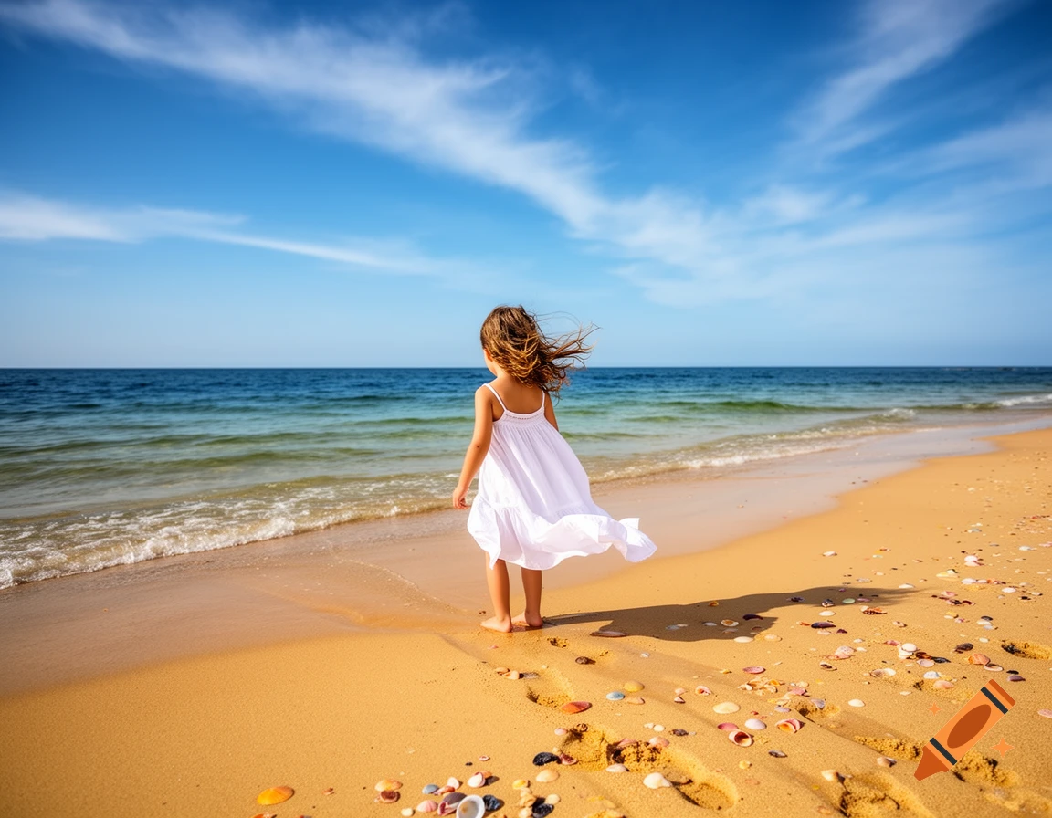A young girl in a white dress stands on a sandy beach, looking out at the ocean under a clear blue sky.