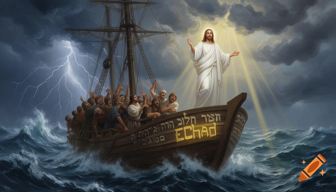 Jesus stands on a ship in a stormy sea, with lightning striking and frightened sailors looking up, as golden light shines on him.