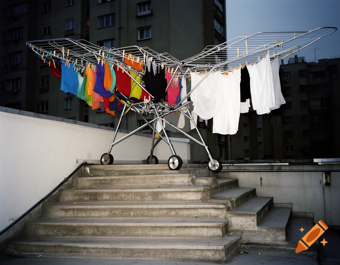 A large, metal clothes drying rack filled with colorful and white laundry sits atop a concrete staircase on a building terrace, against a dark city backdrop.