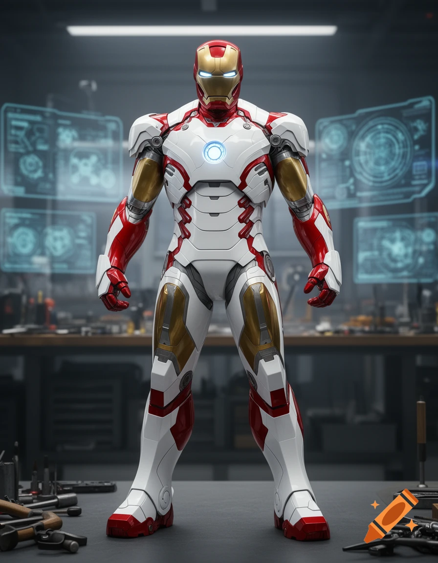 An Iron Man suit, predominantly white with red and gold accents, stands in a workshop with holographic displays and tools.