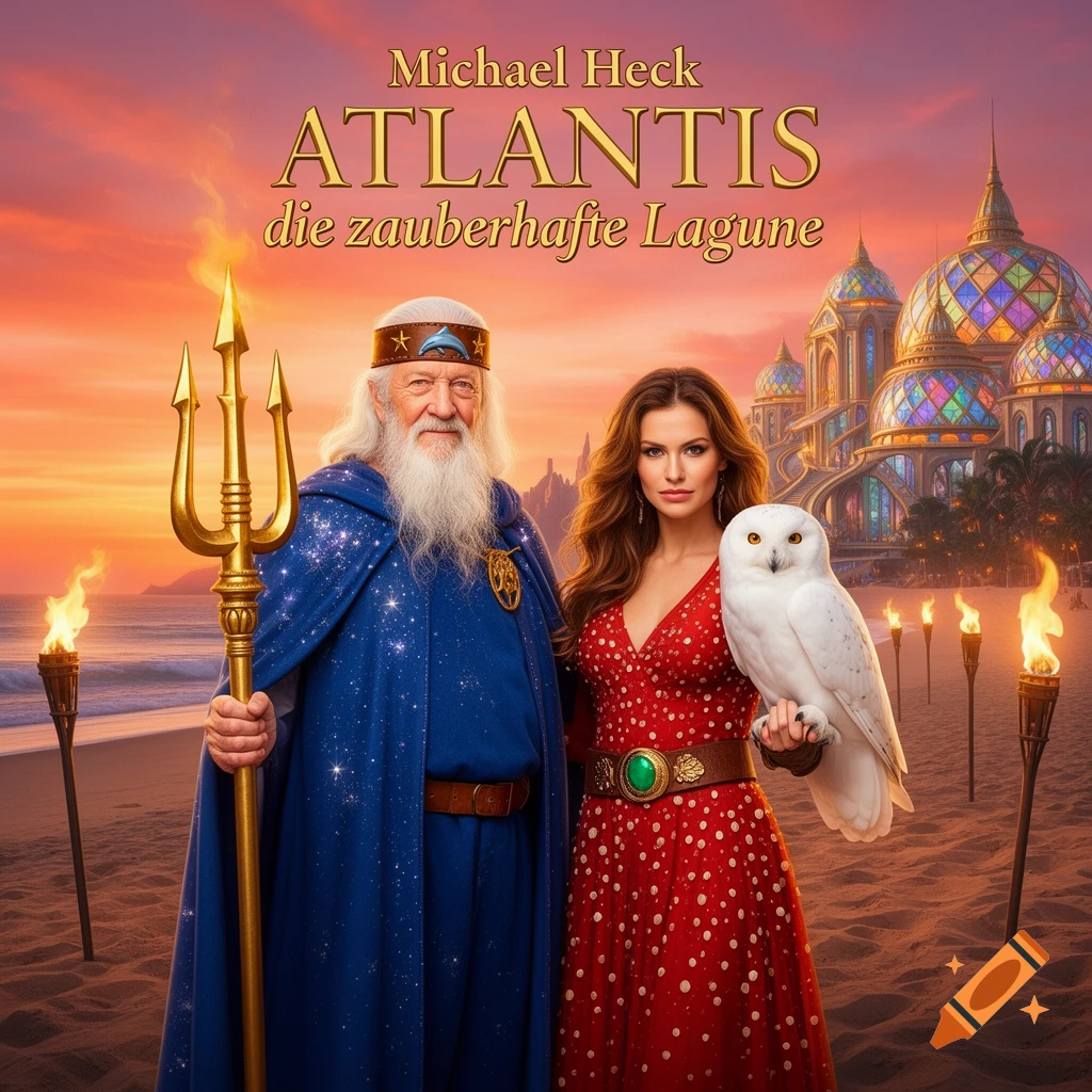 An old man, woman, and white owl on a beach at sunset with fantasy palaces and torches. Book cover art style.