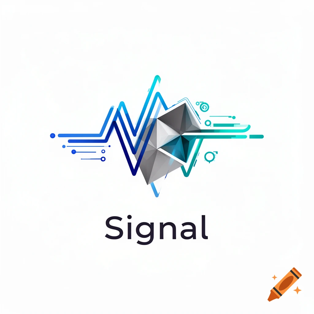 Abstract logo with blue and green soundwave lines, a geometric gray and teal faceted shape, and the word 'Signal' below, on a white background.