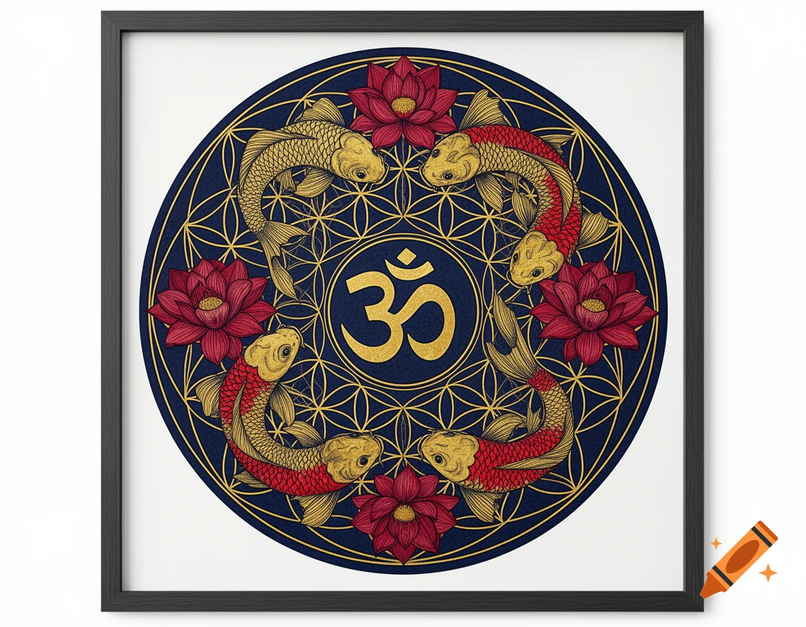 A framed circular mandala with a golden Om symbol, red lotus flowers, and golden and red koi fish on a dark blue Flower of Life pattern.