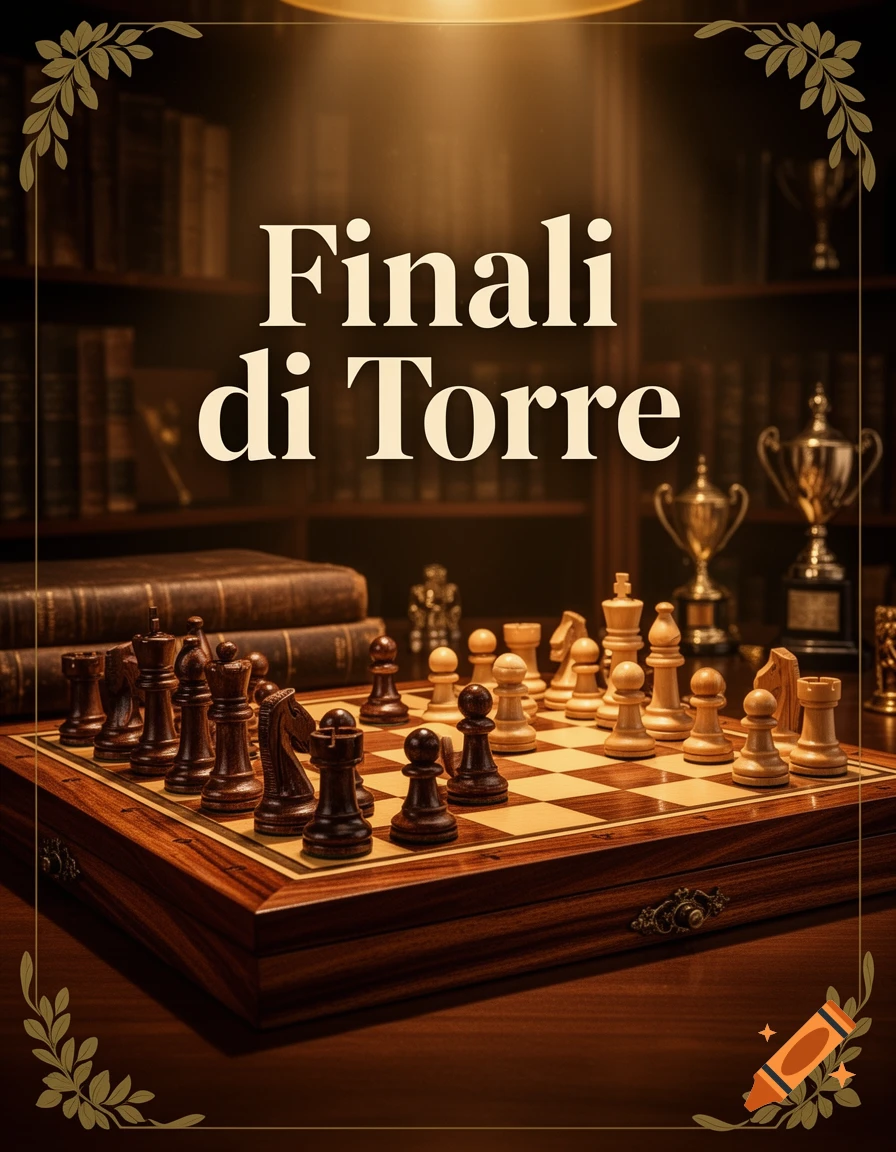 A chess board with dark and light pieces set up, against a blurred background of bookshelves and trophies. The title 'Finali di Torre' is displayed prominently at the top, framed by decorative leaves.