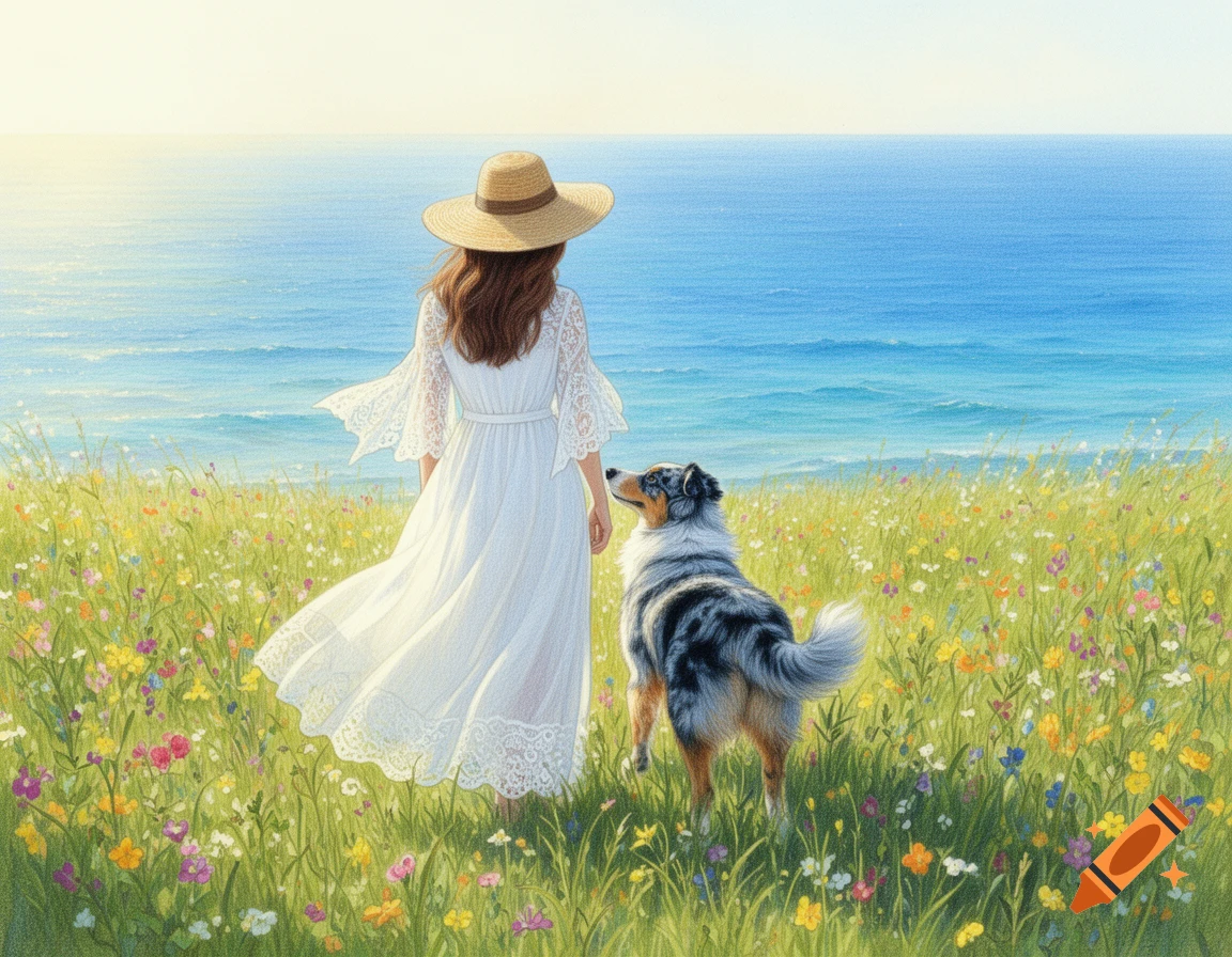 A woman in a white dress and straw hat stands with her blue merle Australian Shepherd in a vibrant wildflower meadow overlooking a bright blue ocean, in a painted style.