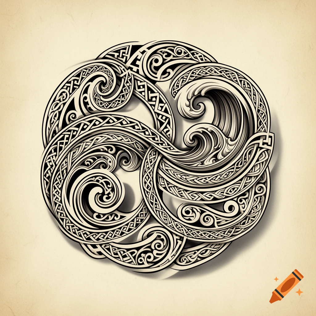 Intricate black and white Maori tribal design with swirling patterns and wave motifs, creating a circular emblem with a 3D effect on a cream background.