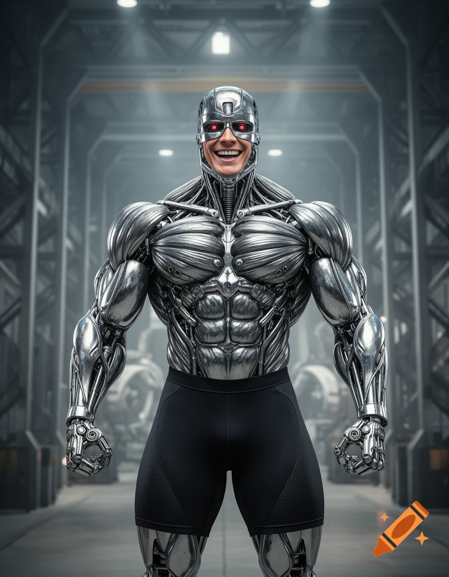 A muscular, chrome-plated cyborg with red eyes and a happy human face smiles, wearing black athletic shorts in a futuristic factory setting.