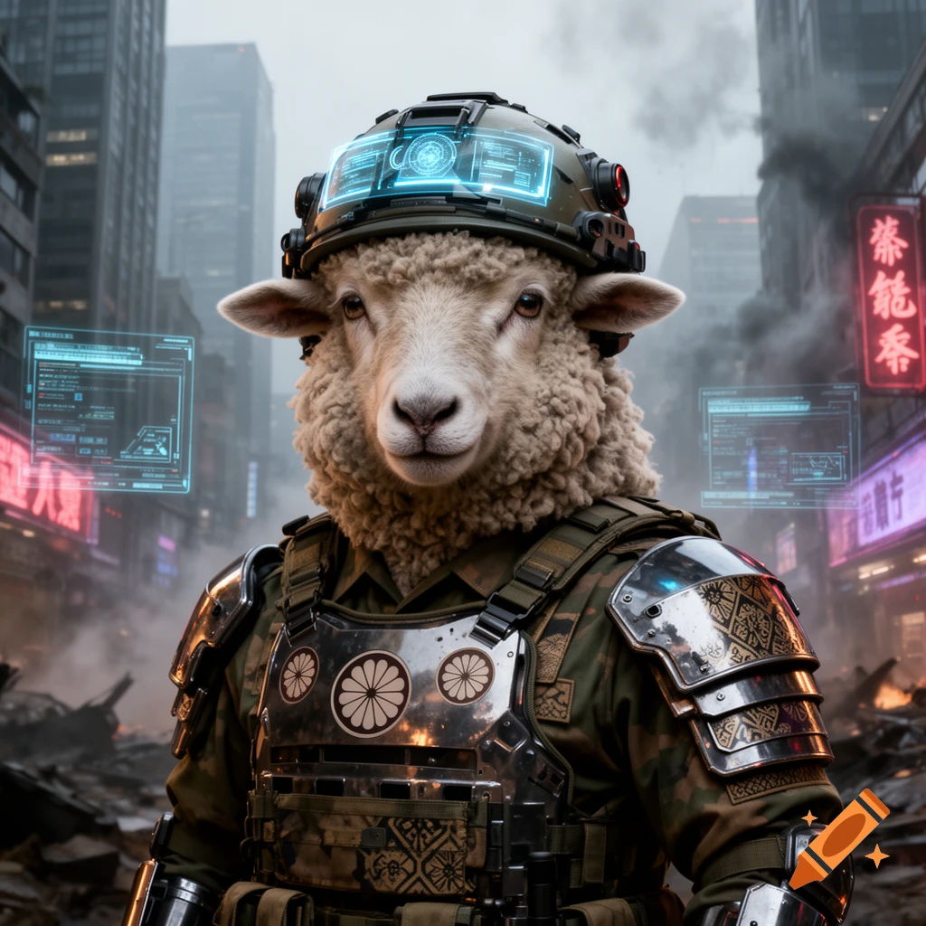 A sheep wearing a sci-fi helmet with glowing blue HUD and military armor in a cyberpunk city with neon signs.