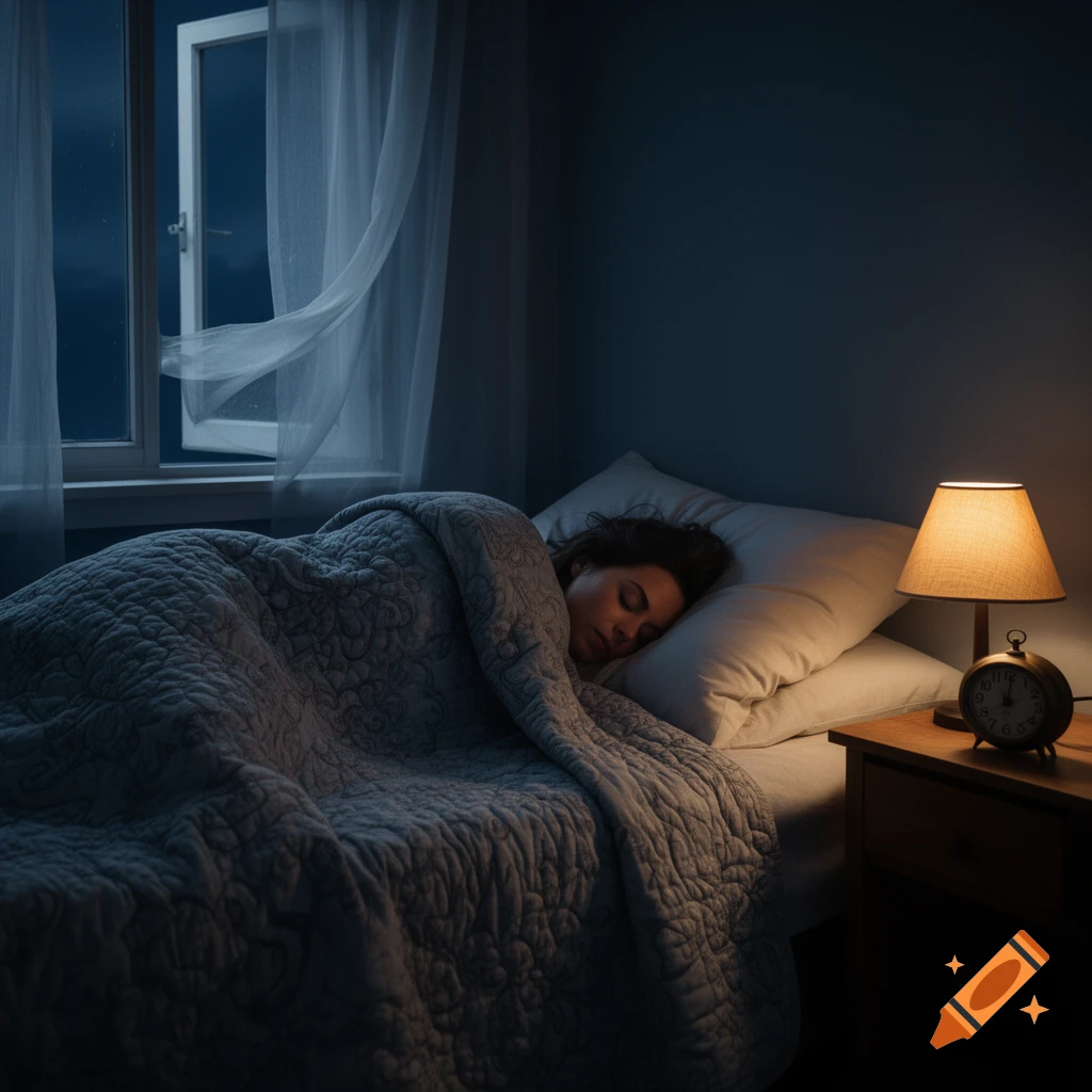 A person sleeps under a quilted blanket in a dark bedroom with an open window and a glowing lamp on a bedside table.