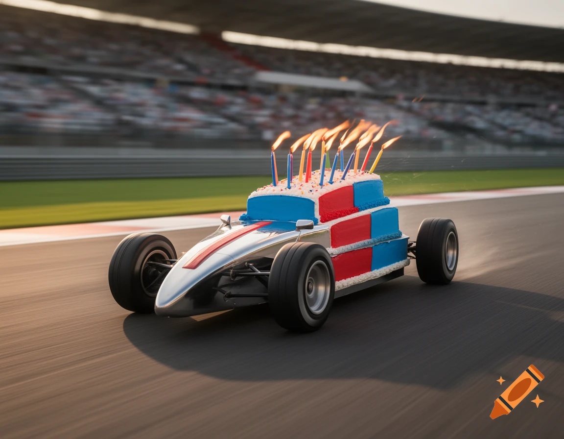 A photorealistic birthday cake shaped like a race car with lit candles speeds on a racetrack.