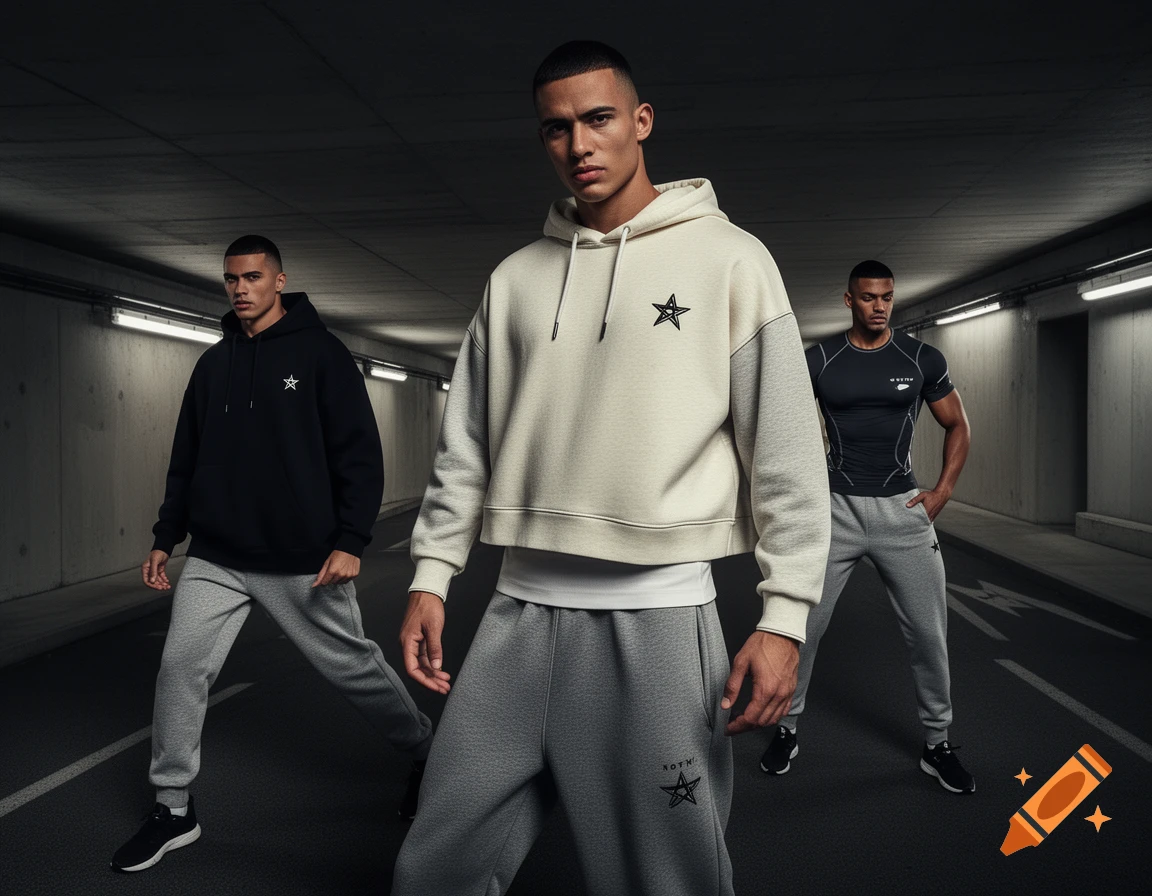 Three male models wearing a luxury streetwear collection featuring hoodies, compression shirts, and sweatpants with star logos, posed in an underground parking garage with dramatic lighting.