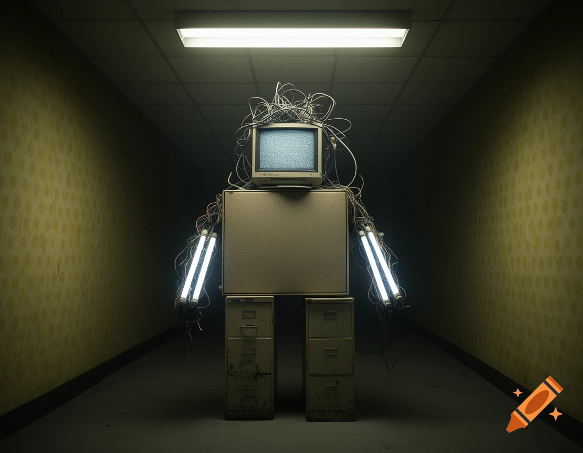 A robot-like figure made of an old CRT monitor, tangled wires, and filing cabinets stands in a dim, yellow-wallpapered hallway with fluorescent lighting.