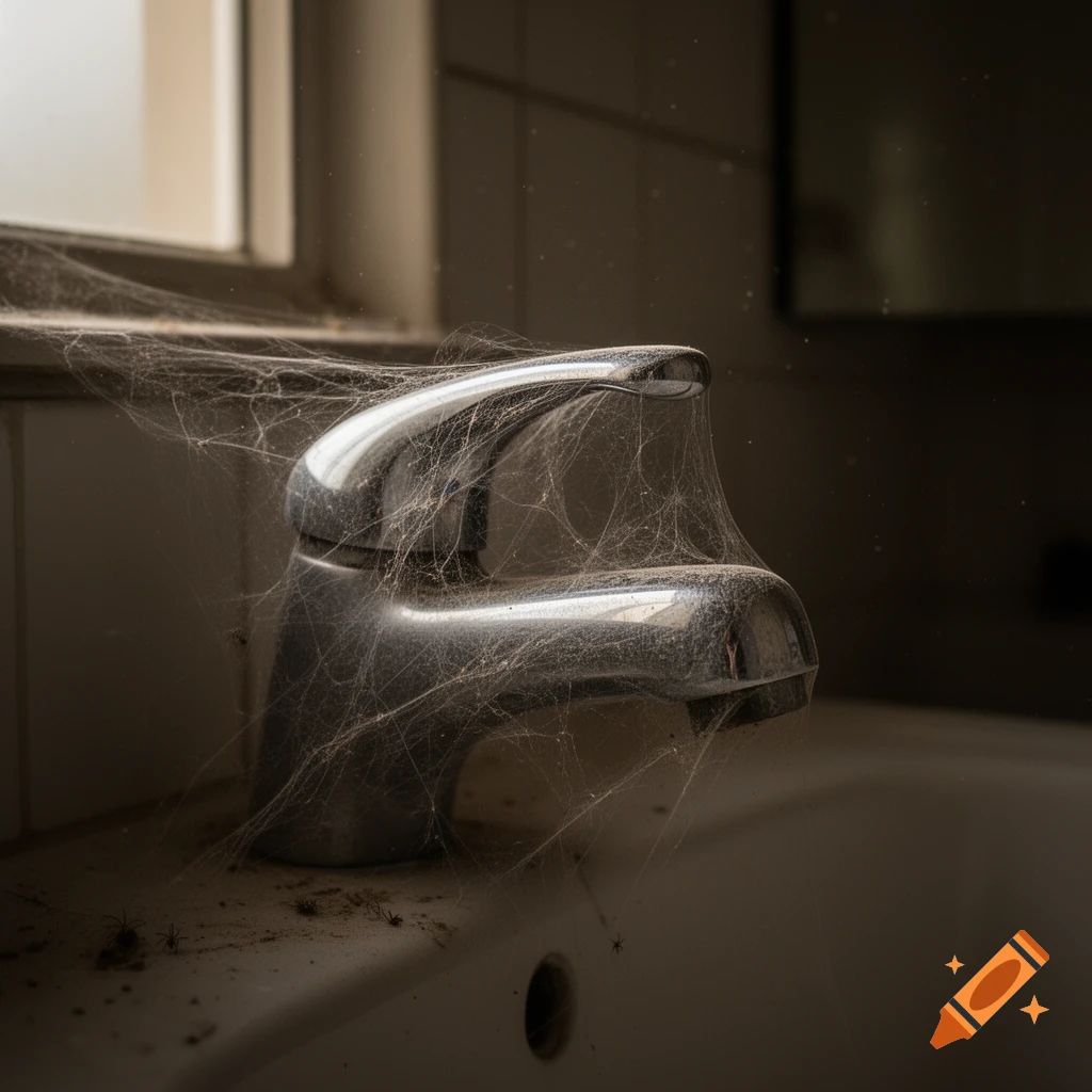 Dusty chrome tap and white sink covered in intricate cobwebs and small spiders, with soft window light.