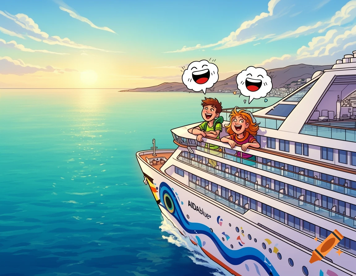 Two laughing cartoon children lean on the railing of a cruise ship, watching the sunset over the sea with a distant coastline.