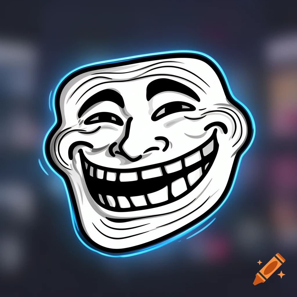 Stylized black and white Trollface meme with a glowing blue outline against a dark background.