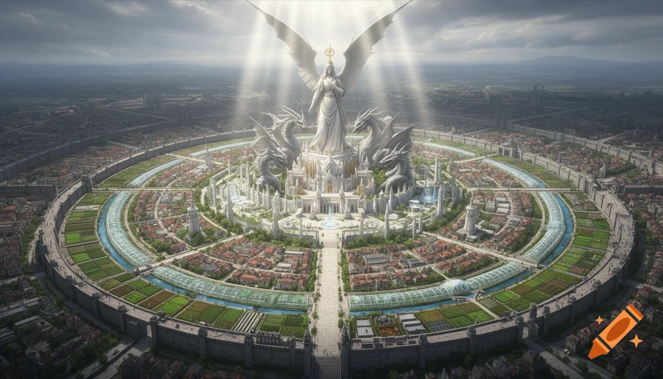 Aerial view of a circular fantasy city with a central grand temple, winged statue, and stone dragons, surrounded by concentric rings.