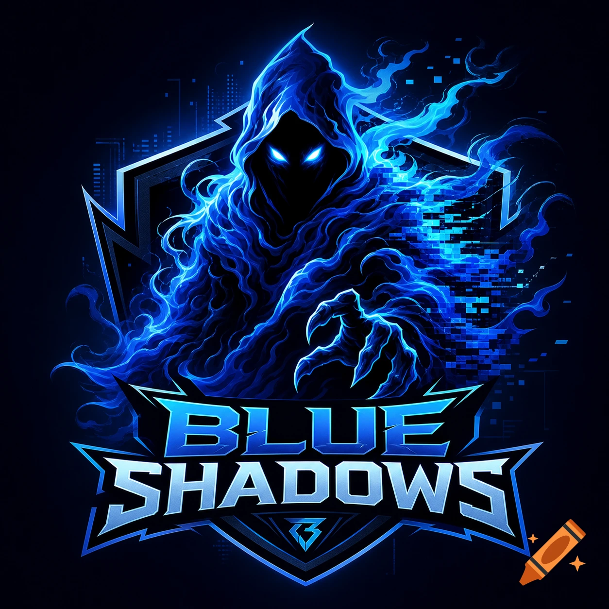 Esport logo for 'Blue Shadows' with a menacing, hooded blue digital ghost with glowing eyes and clawed hands.