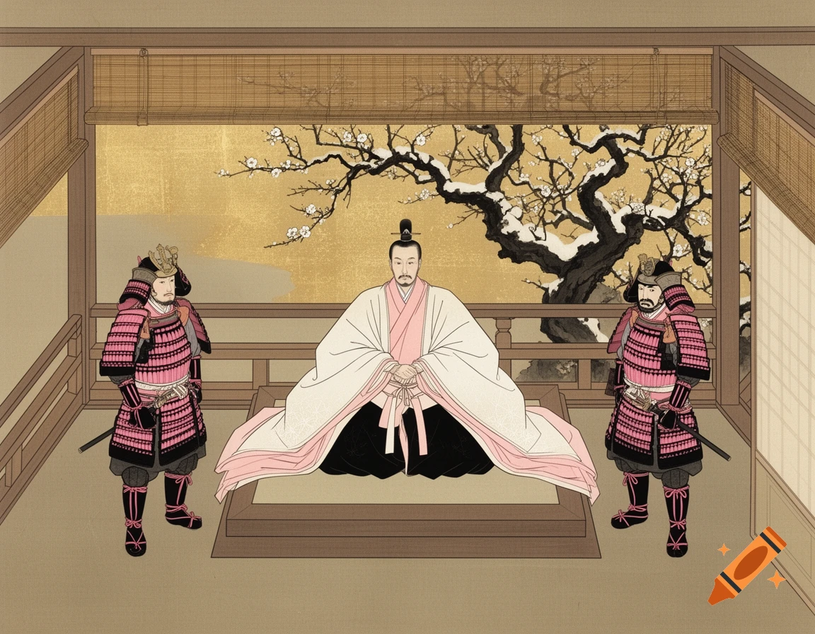A Heian-era Japanese lord in pale pink robes sits on a dais, flanked by two armored guards, in a yamato-e style scene with a snowy plum tree.