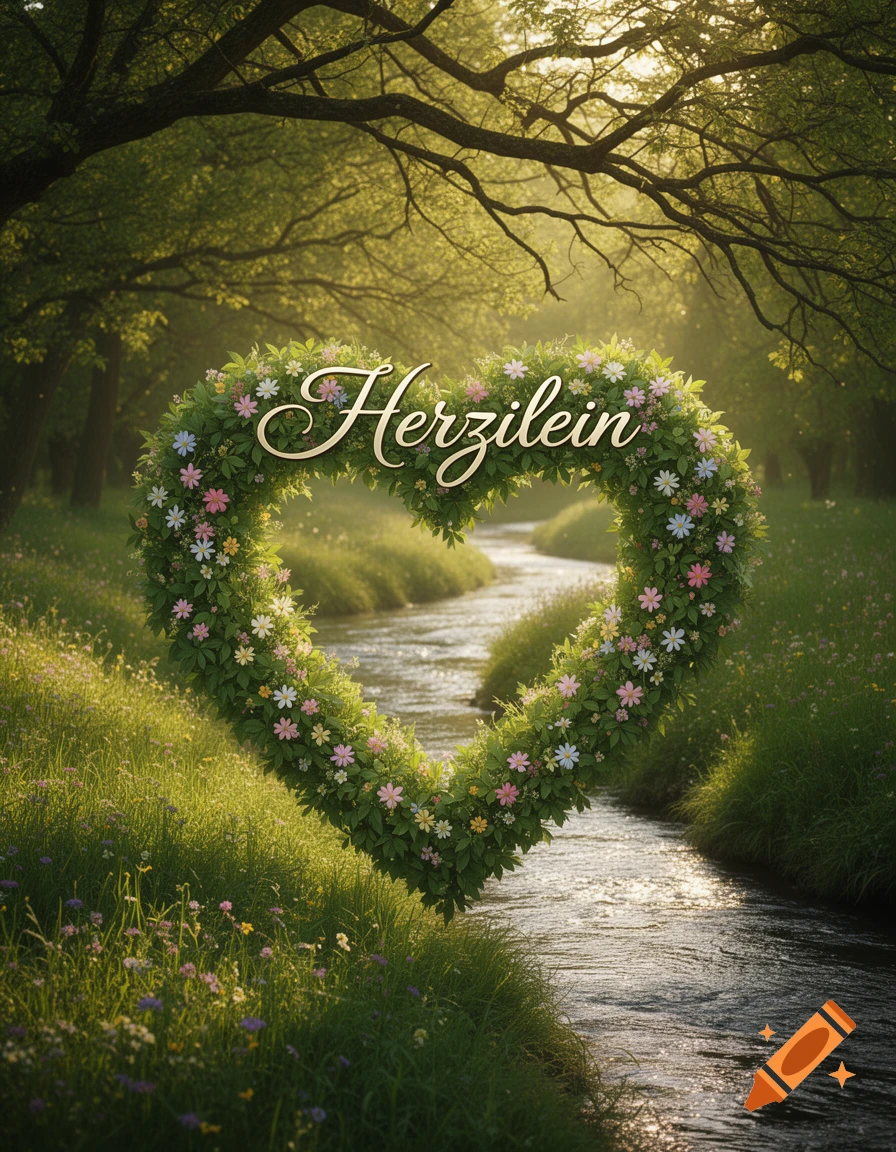 A heart-shaped arch made of green foliage and colorful flowers stands over a narrow stream in a sunlit forest. The word 'Herzilein' is written across the heart.